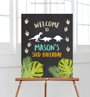 Editable Dinosaur Welcome Sign Birthday Party Table Sign Welcome Dino Dig Party Boy Chalk Digital Download Template Printable Corjl 0043