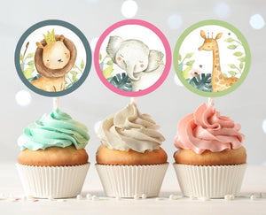 Safari Animals Cupcake Toppers Favor Tags Birthday Party Decoration Girl Animal Wild One Stickers Zoo Jungle Download Digital PRINTABLE 0163