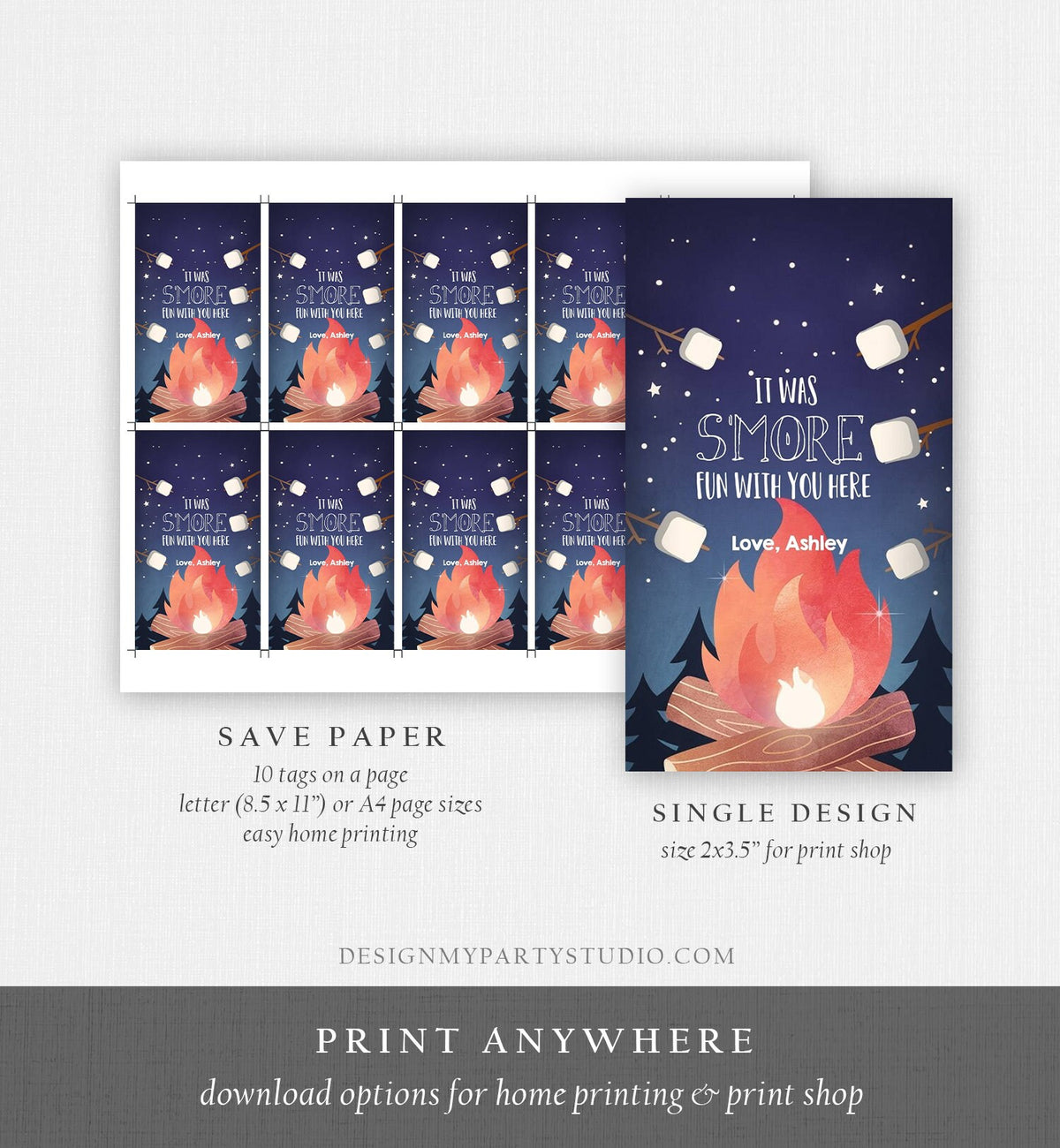 Editable S&#39;more Favor Tag Thank You Backyard Bonfire Party Birthday Bonfire Smore Fun with You Camping Digital Template Printable 0179