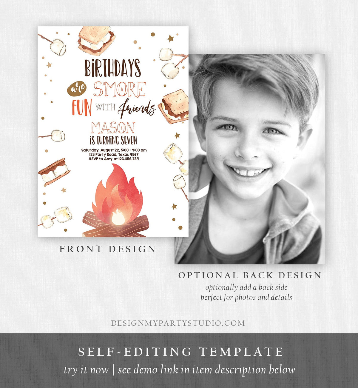 Editable S&#39;more Birthday Invitation Bonfire Invitation Camping Smore Fun with Friends Digital Download Evite Template Printable 0179