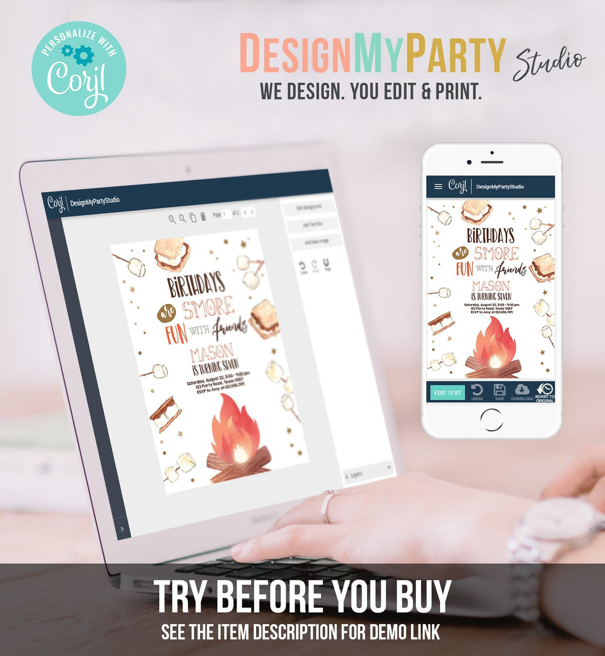Editable S&#39;more Birthday Invitation Bonfire Invitation Camping Smore Fun with Friends Digital Download Evite Template Printable 0179