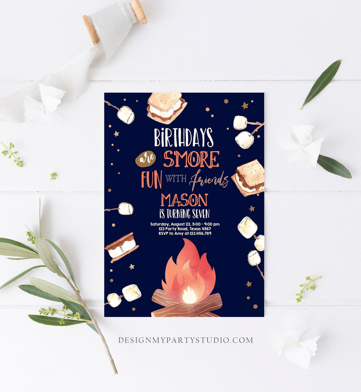 Editable S&#39;more Birthday Invitation Bonfire Invitation Camping Smore Fun with Friends Download Printable Invitation Template Digital 0179