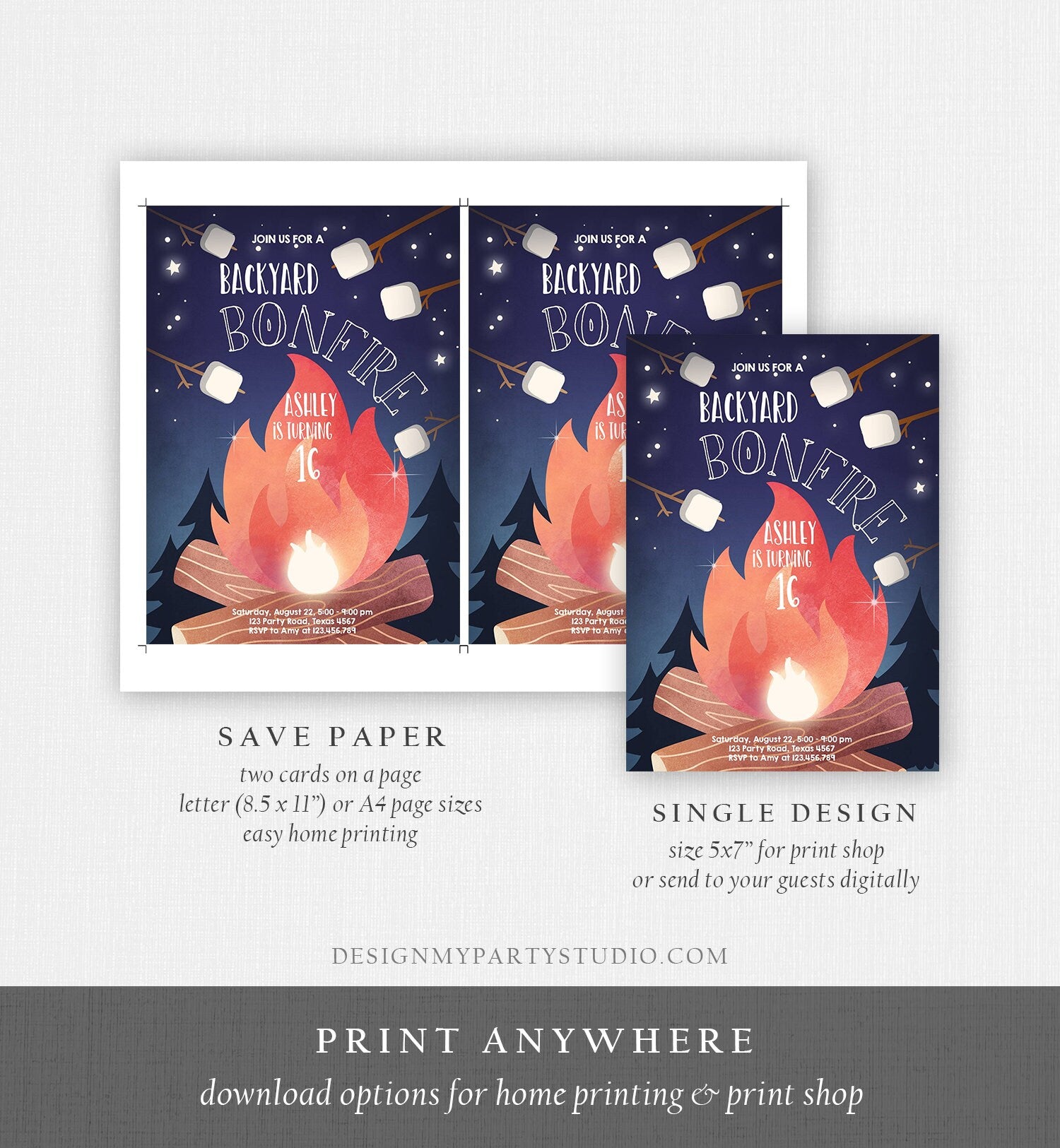 Editable Backyard Bonfire Invitation Bonfire Birthday Invitation Adult Kids Camping Download Printable Invitation Template Digital 0179