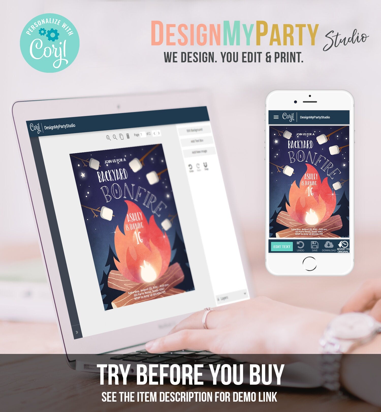 Editable Backyard Bonfire Invitation Bonfire Birthday Invitation Adult Kids Camping Download Printable Invitation Template Digital 0179