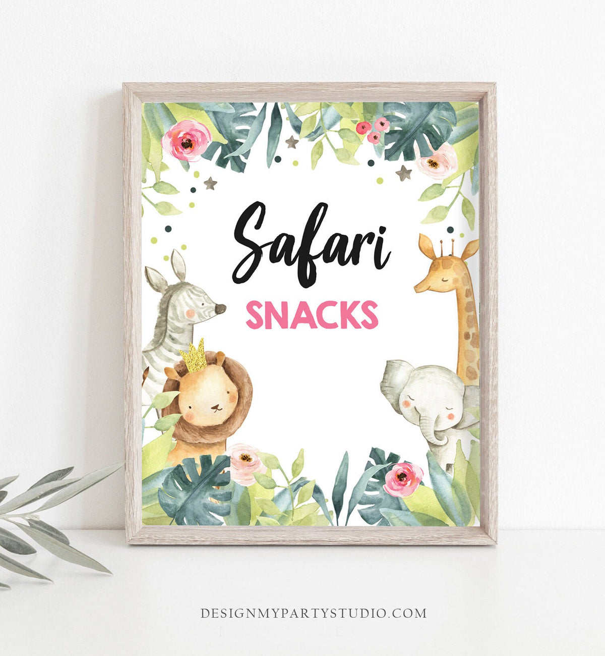 Safari Snacks Birthday Sign Table Decor Safari Birthday Wild One Animals Black and Gold Pink Girl Food Zoo Party Digital Printable 0163