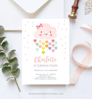 Editable Cloud Birthday Invitation Girls Raining Hearts Raindrop Rainbow Pink Cloud Digital Instant Download Printable Template Corjl 0036