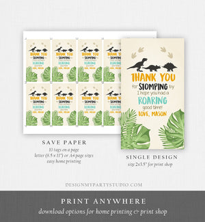 Editable Dinosaur Favor Tags RAWR Thank You For Stomping By Dino Boy Roaring Party Instant Digital Download Template Corjl Printable 0043