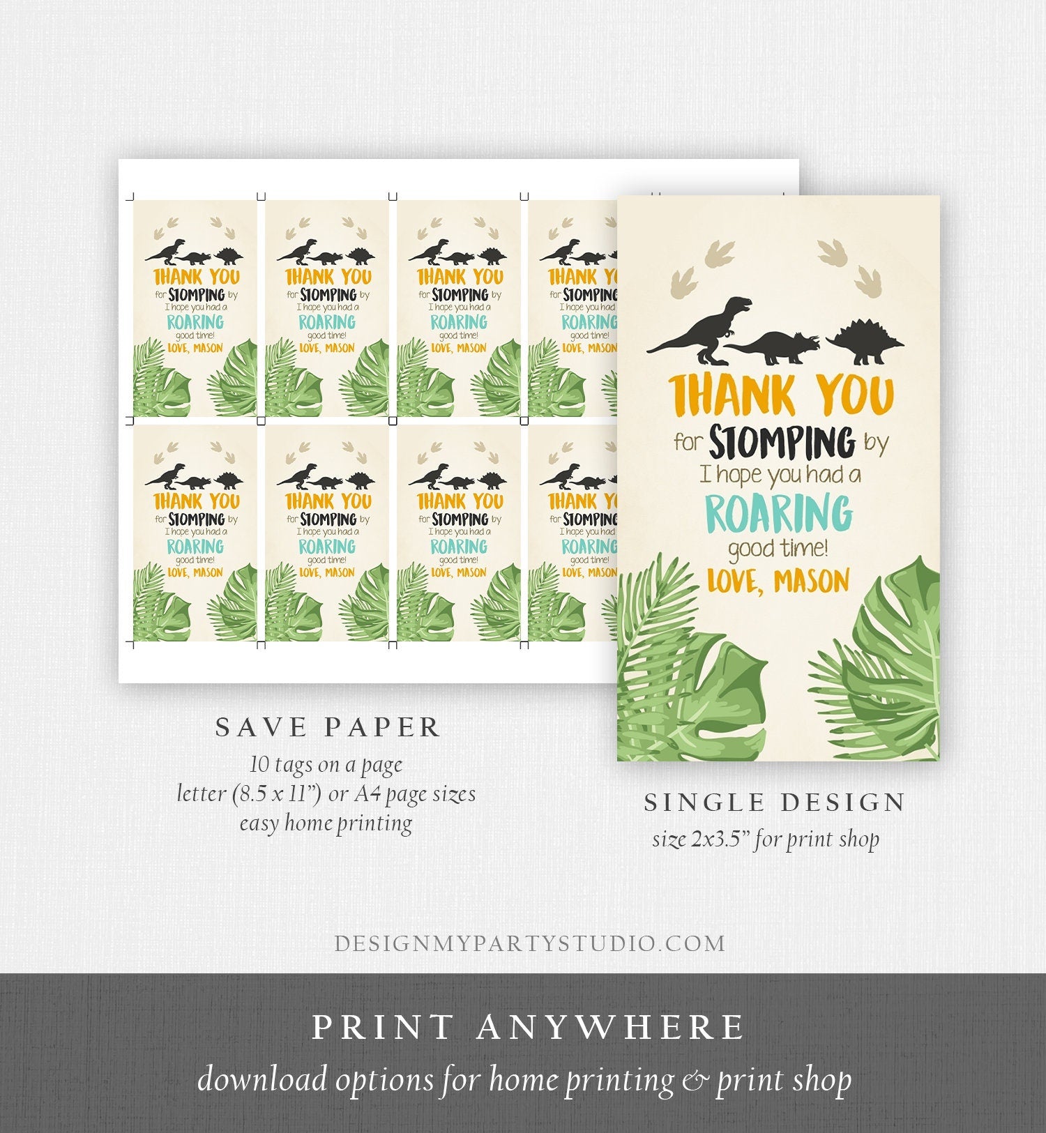 Editable Dinosaur Favor Tags RAWR ROAR Thank You For Stomping By Dino Boy Roaring Party Gift Tag Digital Download Template Printable 0043