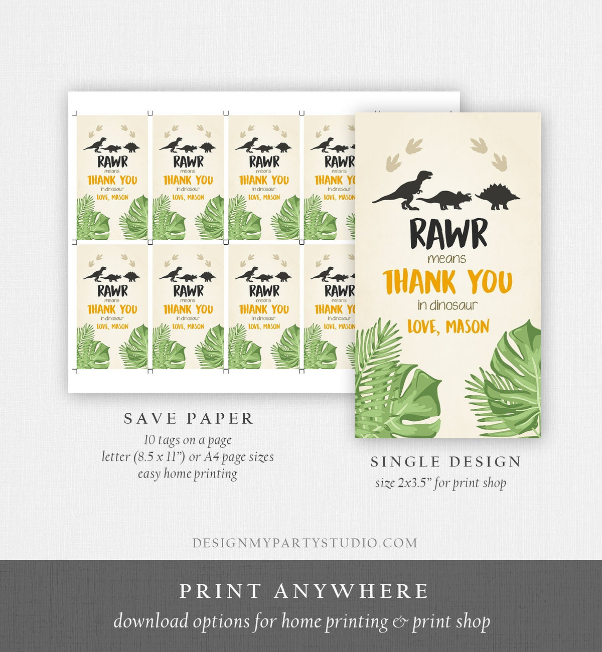 Editable Dinosaur Favor Tags RAWR Thank You For Stomping By Dino Boy Birthday Party Instant Digital Download Template Corjl Printable 0043