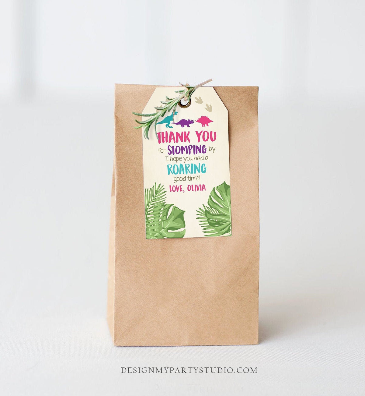 Editable Dinosaur Favor Tags Thank You For Stomping By Dino Pink Girl RAWR Roaring Instant Digital Download Template Corjl Printable 0043
