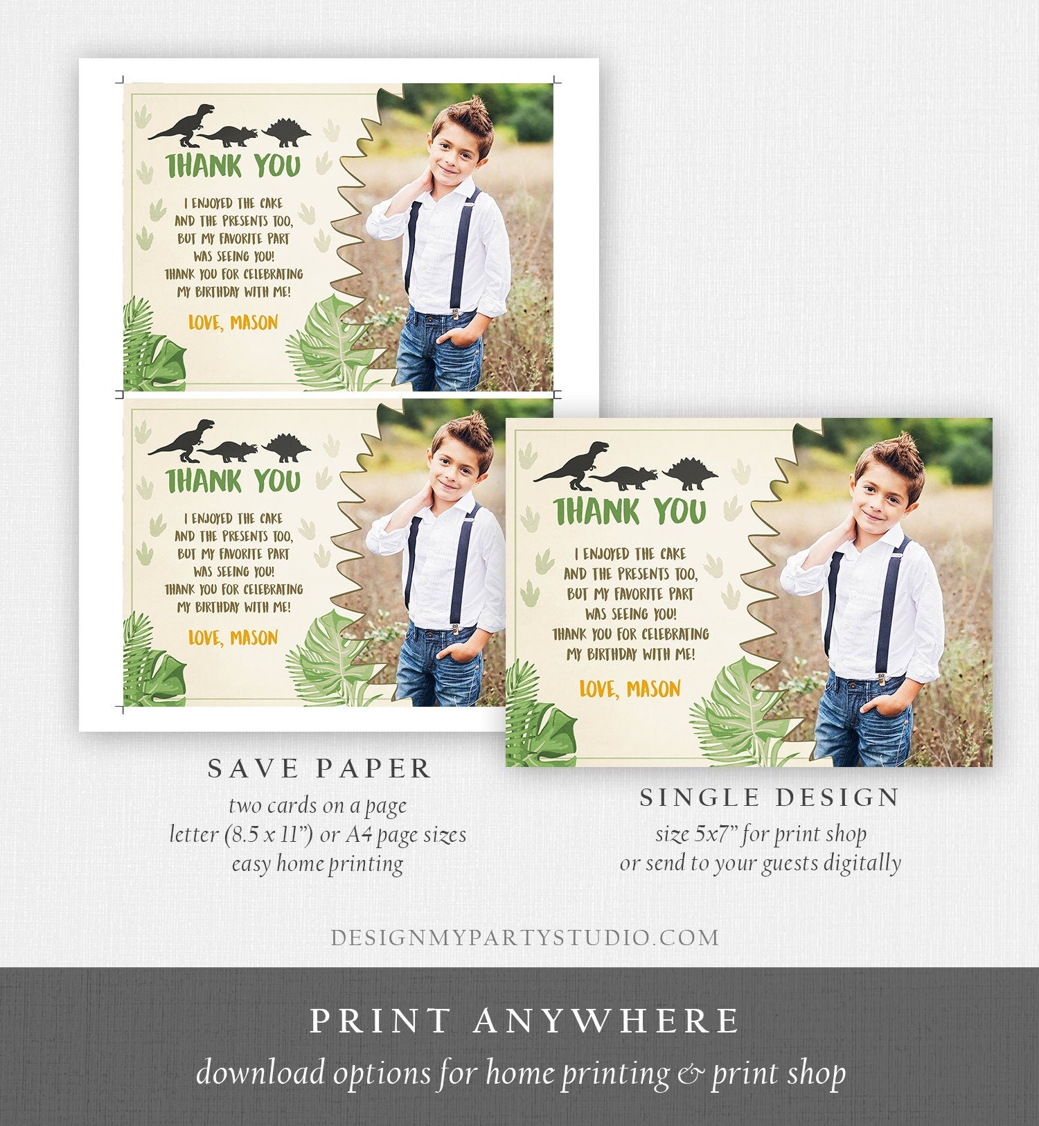 Editable Dinosaur Thank You Card Boy Prehistoric Dino Dig Party T-Rex Note Dino Mite Photo Digital Download Template Printable 0043