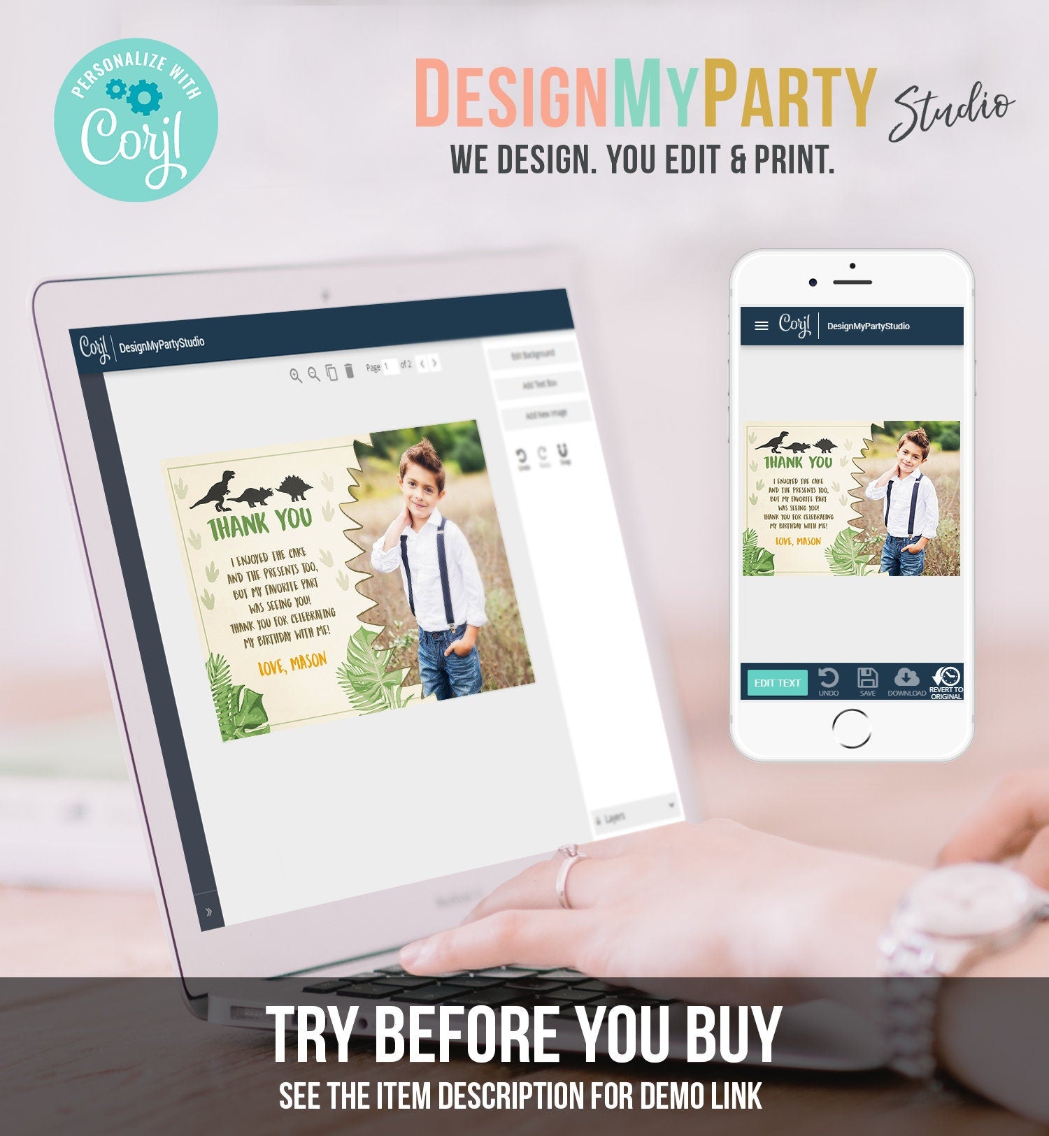 Editable Dinosaur Thank You Card Boy Prehistoric Dino Dig Party T-Rex Note Dino Mite Photo Digital Download Template Printable 0043