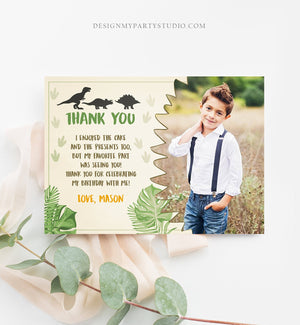 Editable Dinosaur Thank You Card Boy Prehistoric Dino Dig Party T-Rex Note Photo Instant Digital Download Printable Template Corjl 0043