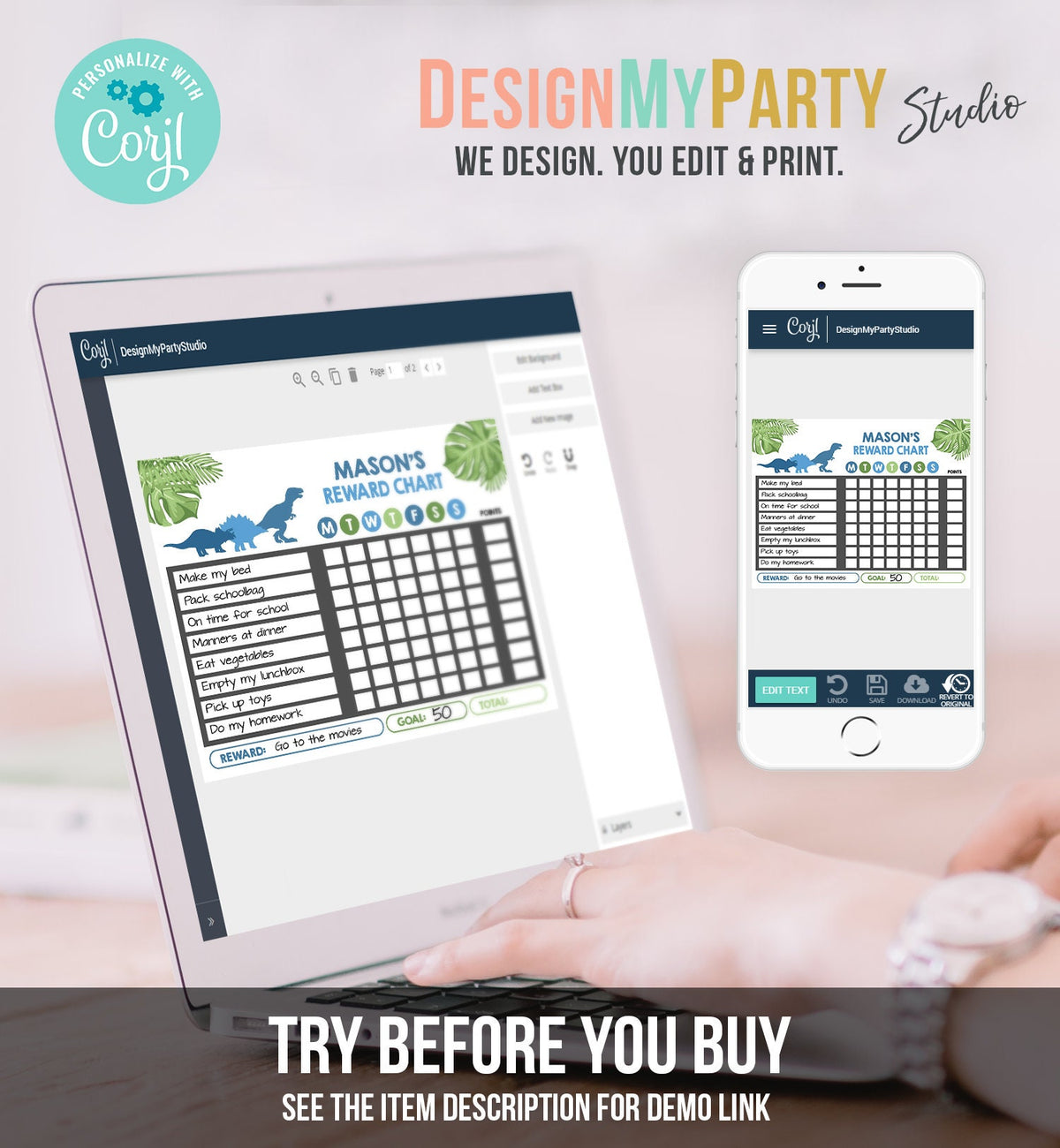 Editable Dinosaur Reward Chart for Boys Printable Dino Chore Chart for Kids Chores T-Rex Blue Routine Chart Digital Template Printable 0043