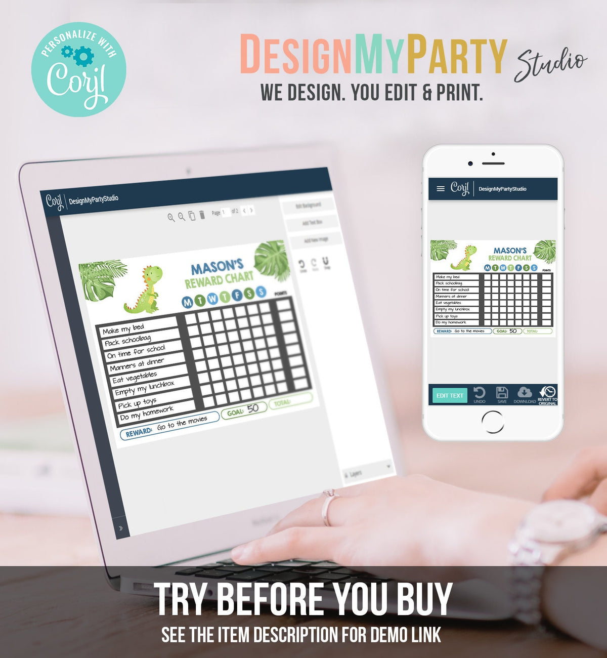 Editable Dinosaur Reward Chart for Boys Printable Dino Chore Chart for Kids Chores T-Rex Blue Routine Chart Corjl Template Printable 0043