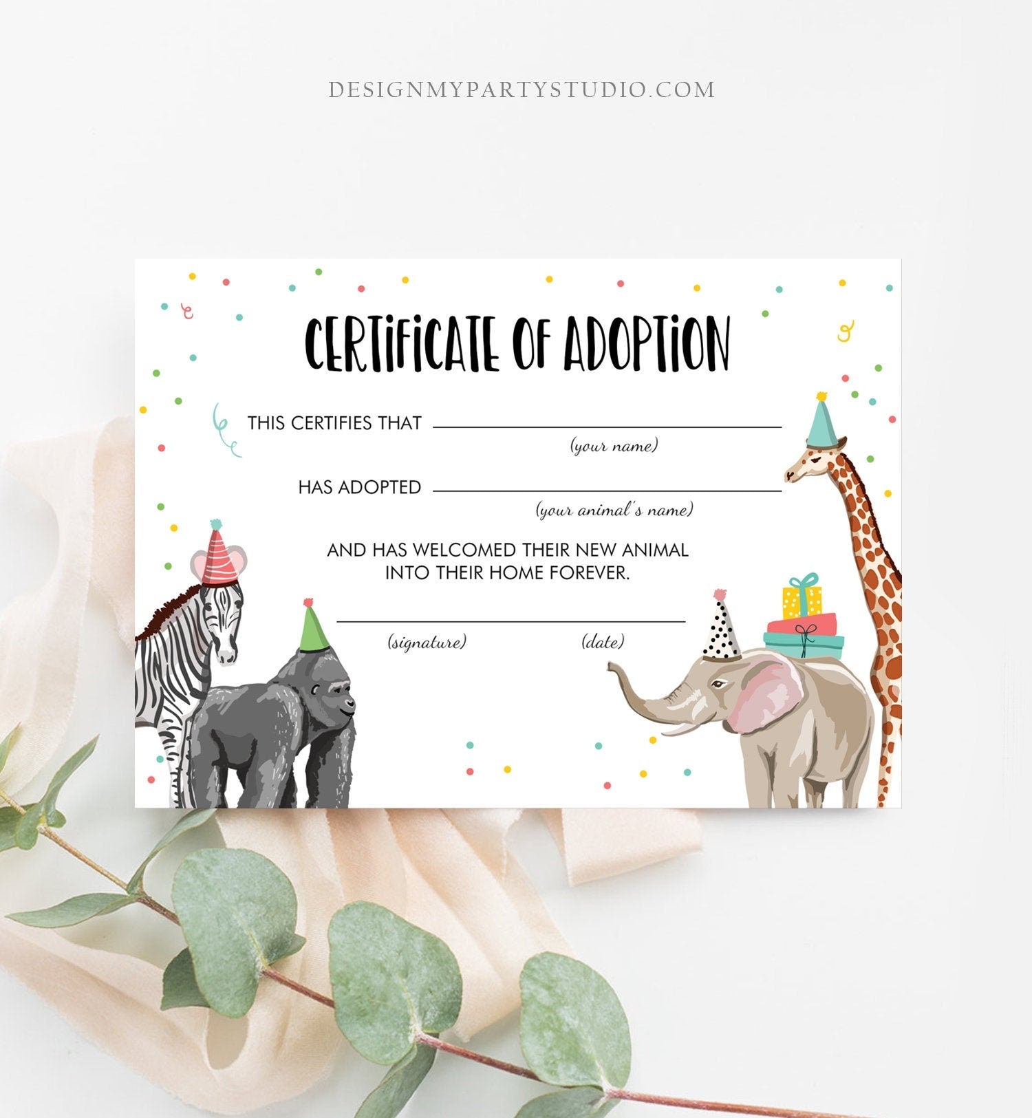 Adopt an Animal Adoption Certificate Safari Adoption Wild One Birthday Party Animals Birthday Instant Download Digital PRINTABLE 0142