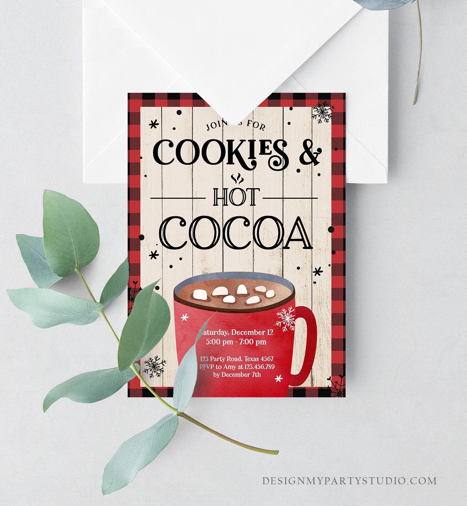 Editable Cookies and Cocoa Invitation Hot Cocoa Party Invite Hot Chocolate Birthday Lumberjack Plaid Download Printable Template Corjl 0262