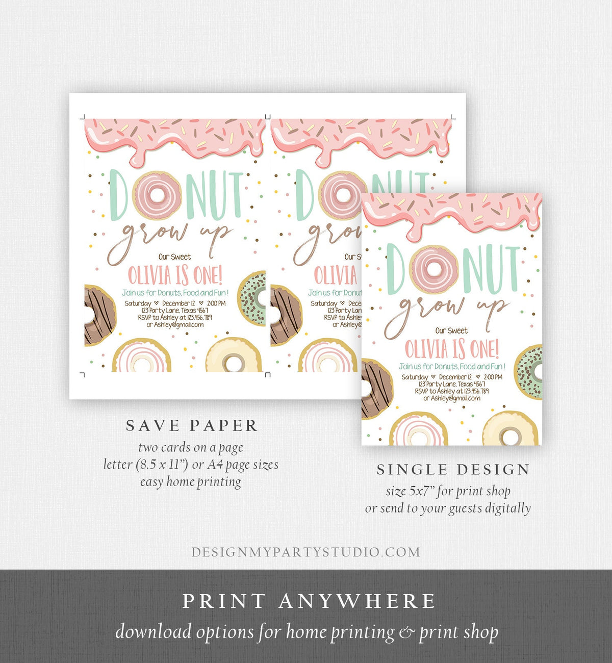 Editable Donut Grow Up Birthday Invitation First Birthday Party Pink Girl Doughnut Sweet Digital Download Printable Template Corjl 0320