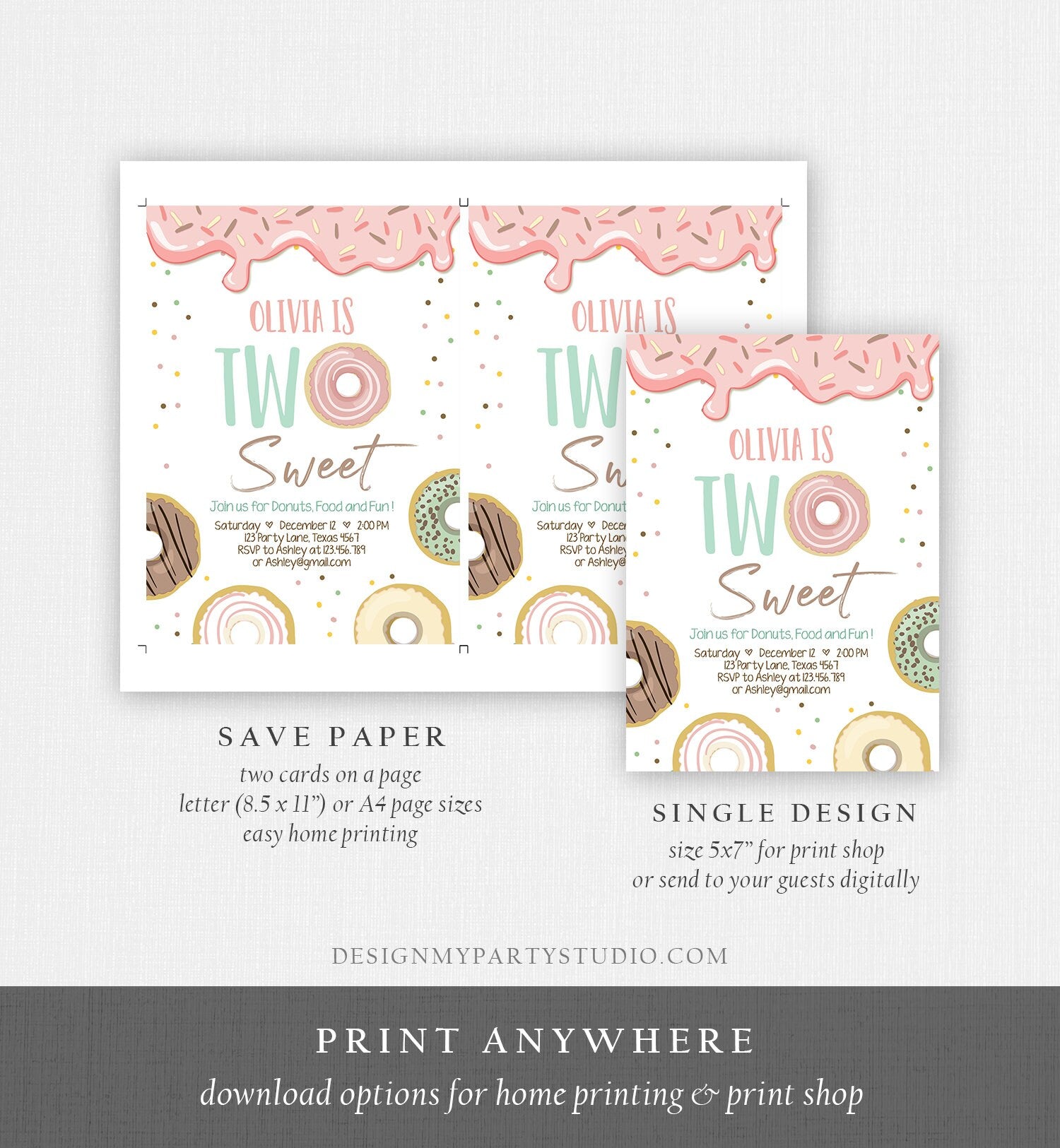 Editable Donut Two Sweet Birthday Invitation Second Birthday Party Pink Girl Doughnut 2nd Digital Download Printable Template Evite 0320