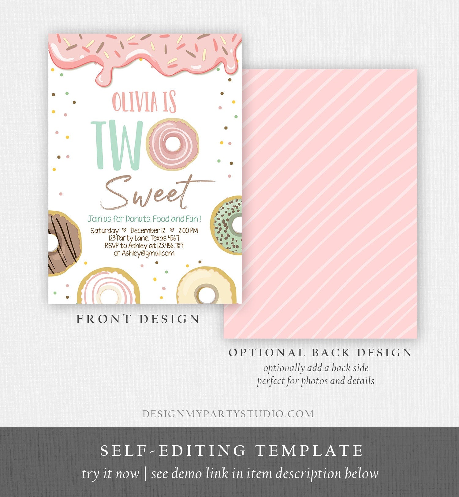 Editable Donut Two Sweet Birthday Invitation Second Birthday Party Pink Girl Doughnut 2nd Digital Download Printable Template Evite 0320