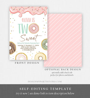 Editable Donut Two Sweet Birthday Invitation Second Birthday Party Pink Girl Doughnut 2nd Digital Download Printable Template Corjl 0320