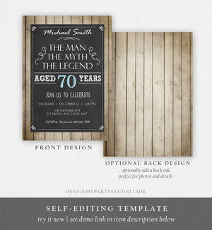 Editable The Man The Myth The Legend Birthday Invite Man Men Adult Birthday Wood Rustic Chalk Download Printable Invitation Corjl 0101