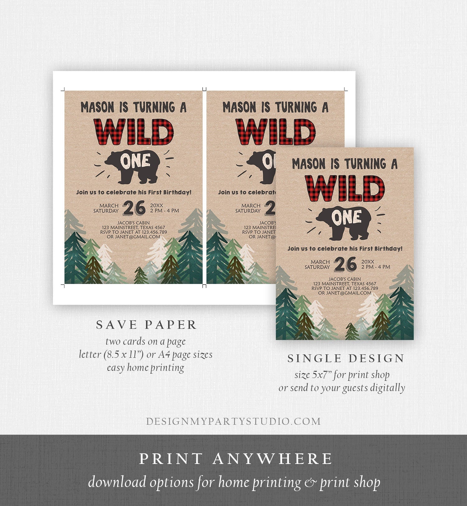 Editable Wild One Birthday Invitation Lumberjack First Birthday Trees Red Black Plaid Outdoor Bear Digital Download Template Printable 0026