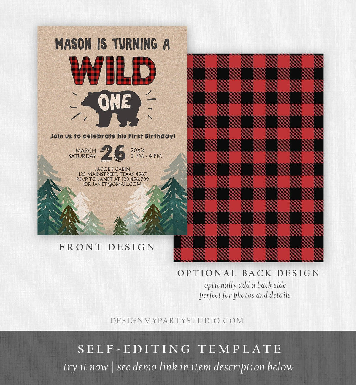 Editable Wild One Birthday Invitation Lumberjack First Birthday Trees Red Black Plaid Outdoor Bear Digital Download Template Printable 0026