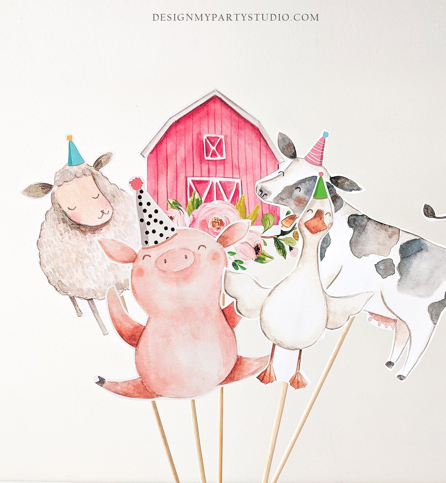 Printable Farm Centerpieces Farm Animals Birthday Party Farm Cake Topper Table Decor Barnyard Party Decorations Pink Girl DIY Digital 0155