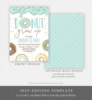 Editable Donut Grow Up Birthday Invitation First Birthday Party Blue Boy Doughnut 1st Pastel Instant Download Printable Template Corjl 0320