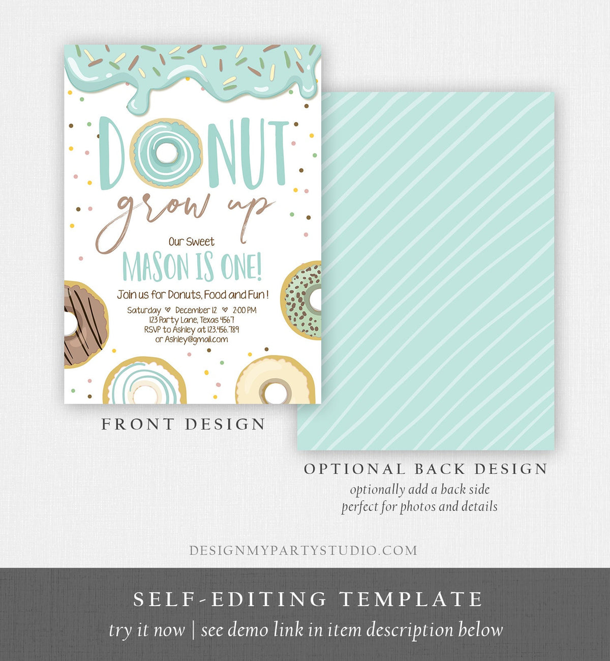 Editable Donut Grow Up Birthday Invitation First Birthday Party Blue Boy Doughnut 1st Pastel Instant Download Printable Template Corjl 0320
