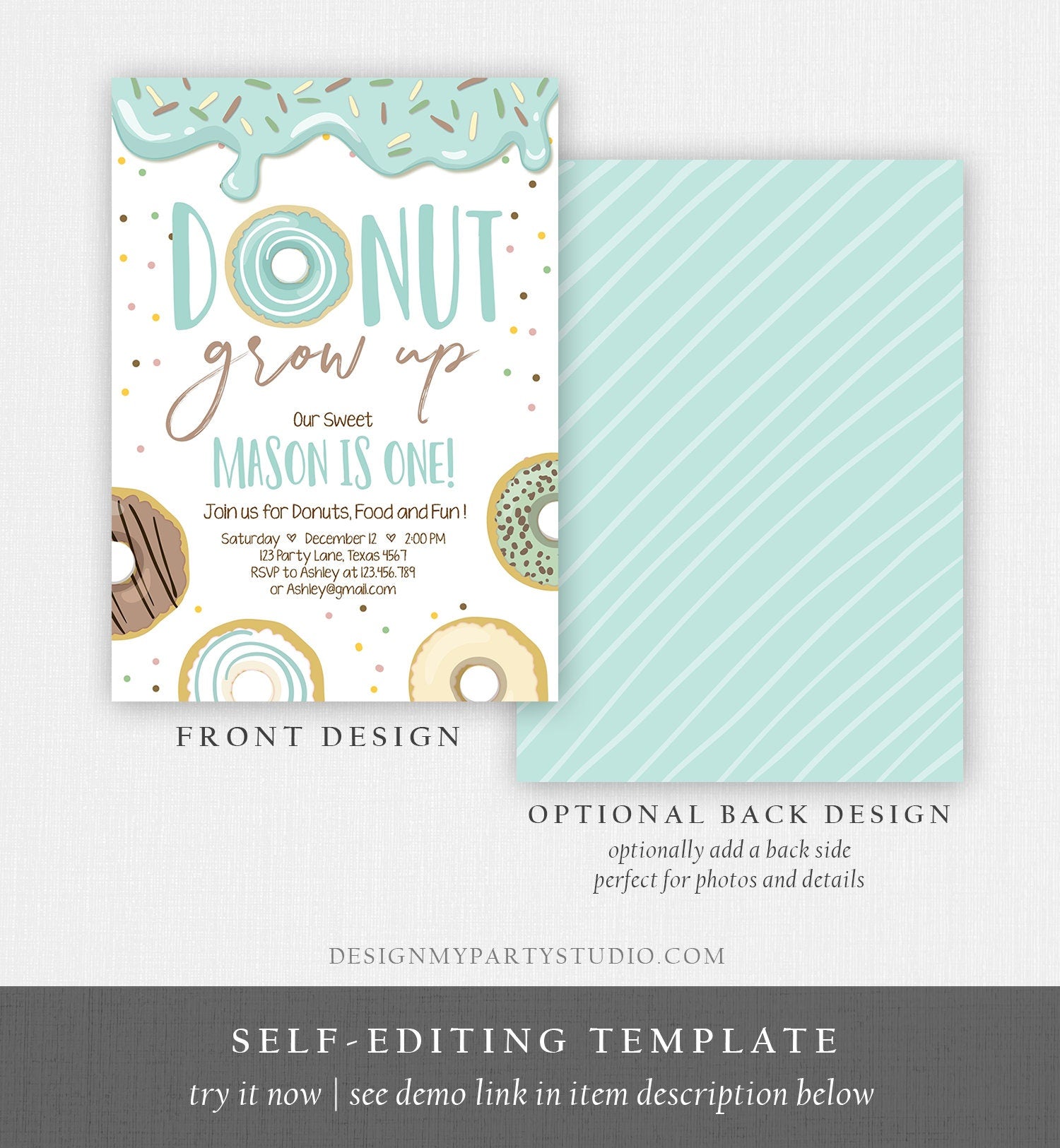 Editable Donut Grow Up Birthday Invitation First Birthday Party Blue Boy Doughnut 1st Pastel Instant Download Printable Template Corjl 0320