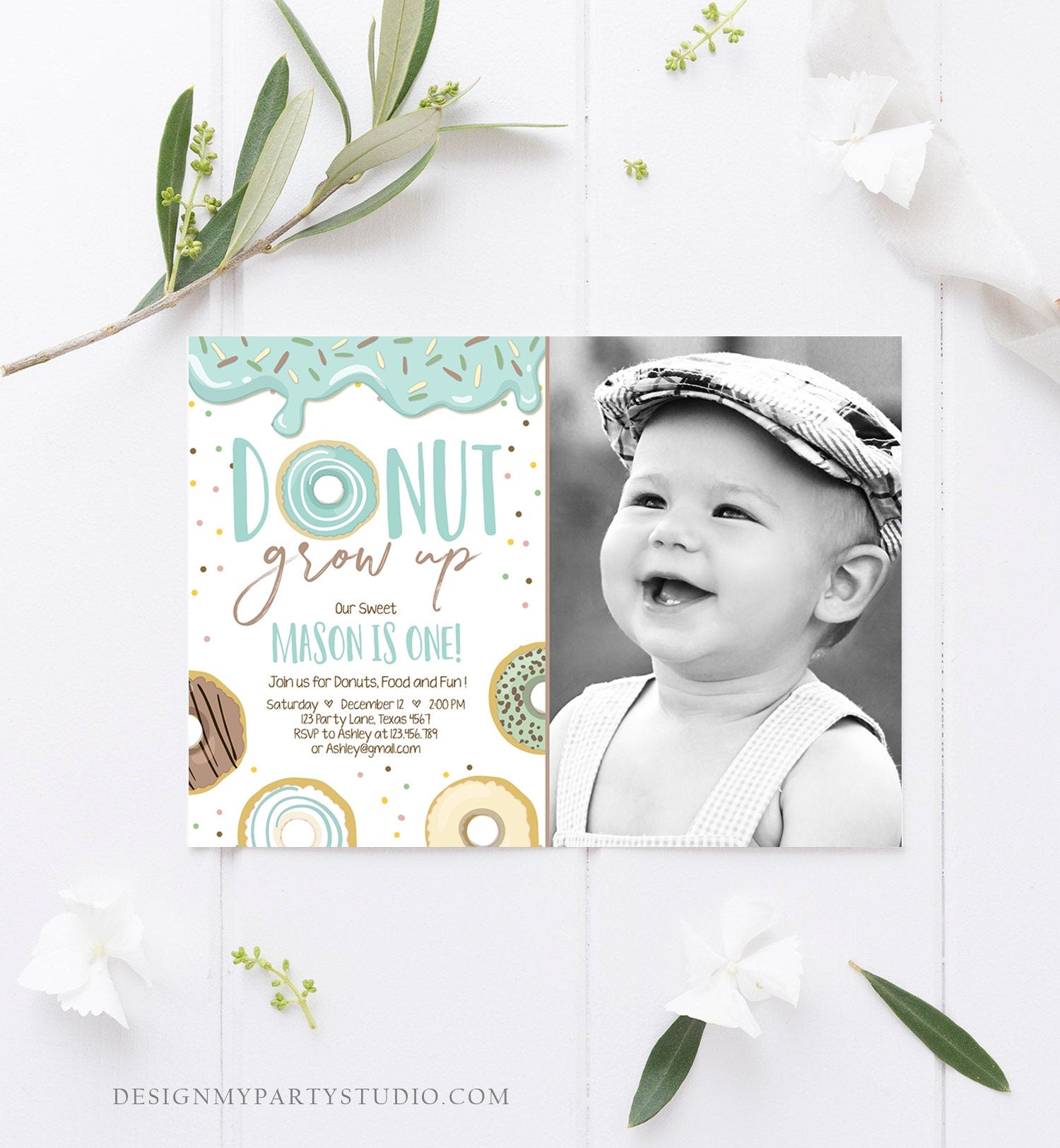 Editable Donut Grow Up Birthday Invitation First Birthday Party Blue Boy Doughnut 1st Pastel Photo Download Printable Template Corjl 0320