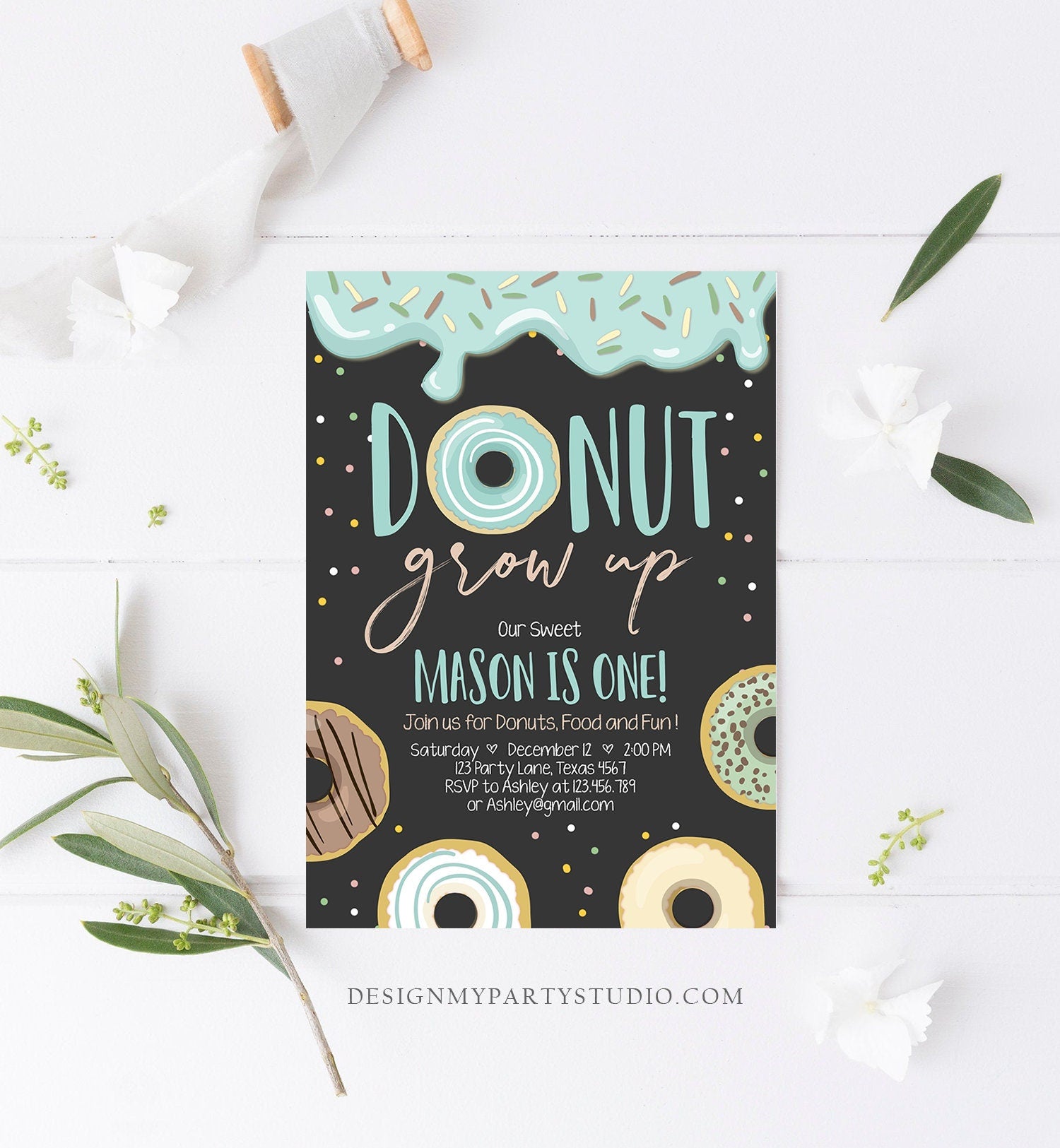 Editable Donut Grow Up Birthday Invitation First Birthday Party Blue Boy Doughnut 1st Pastel Chalk Download Corjl Template Printable 0320