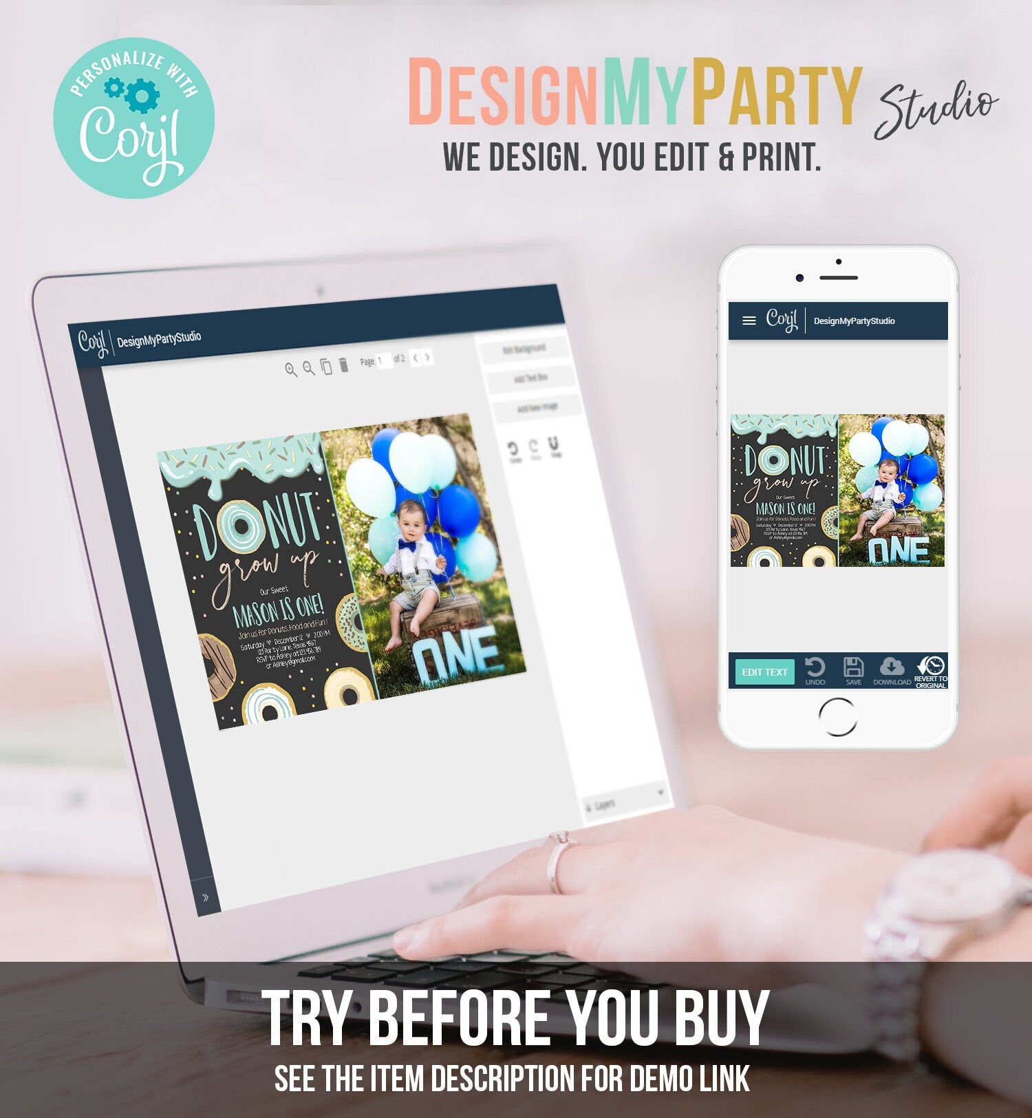 Editable Donut Grow Up Birthday Invitation First Birthday Party Blue Boy Doughnut 1st Pastel Photo Download Printable Template Corjl 0050