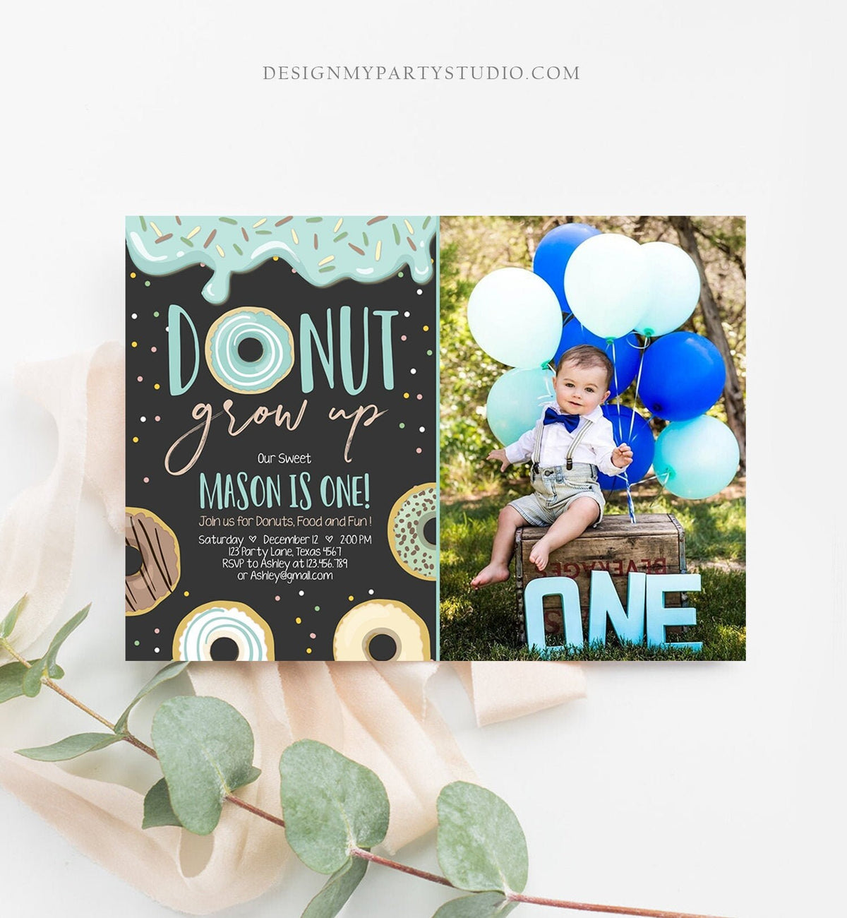 Editable Donut Grow Up Birthday Invitation First Birthday Party Blue Boy Doughnut 1st Pastel Photo Download Printable Template Corjl 0050