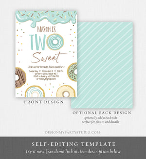 Editable Donut Two Sweet Birthday Invitation Second Birthday Party Blue Boy Doughnut 2nd Pastel Download Printable Template Corjl 0320