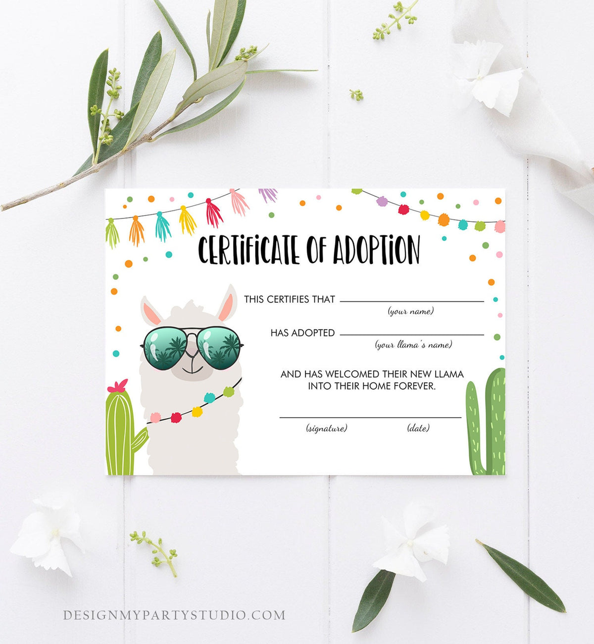 Llama Adoption Certificate Adopt a Llama Llama Birthday Party Cactus Fiesta Mexican Girl Animal Adoption Download Digital Printable 0079