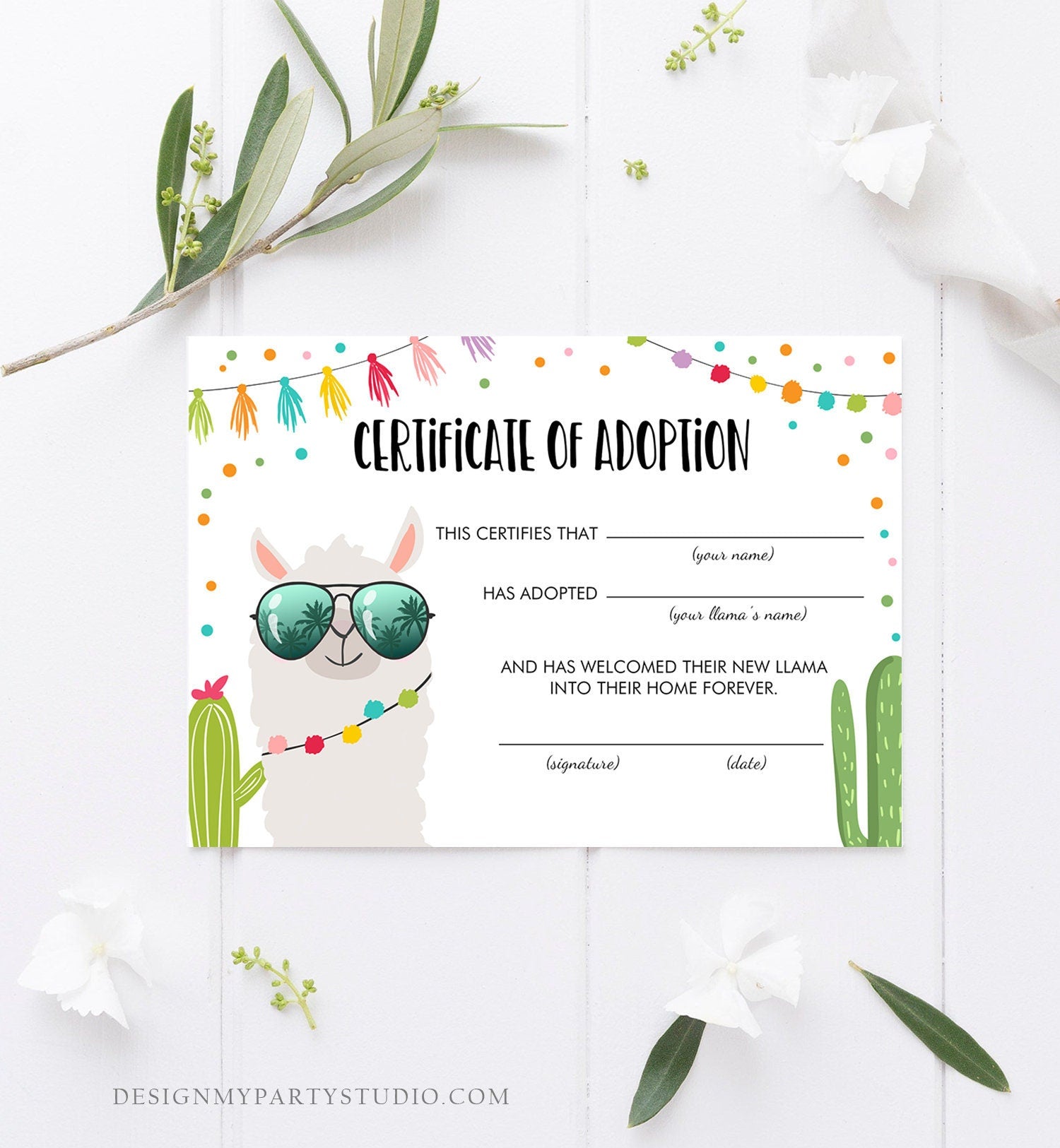 Llama Adoption Certificate Adopt a Llama Llama Birthday Party Cactus Fiesta Mexican Girl Animal Adoption Download Digital Printable 0079