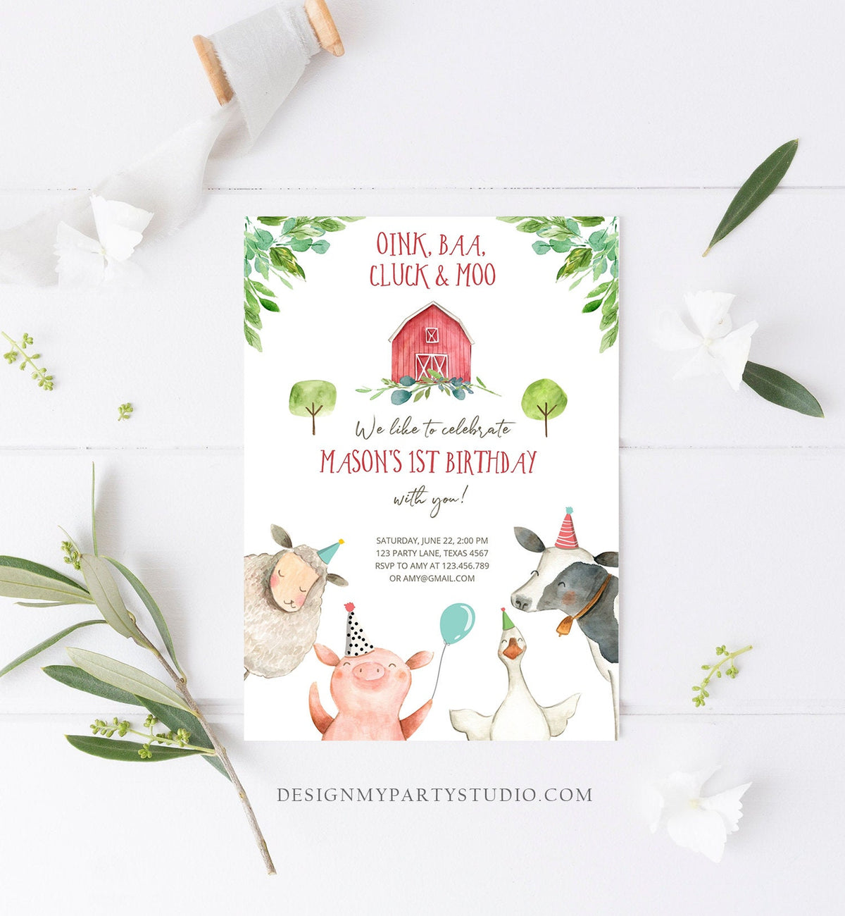 Editable Farm Animals Birthday Invitation Boy Party Animals Red Barn Barnyard Party Evite Digital Download Evite Template Printable 0155
