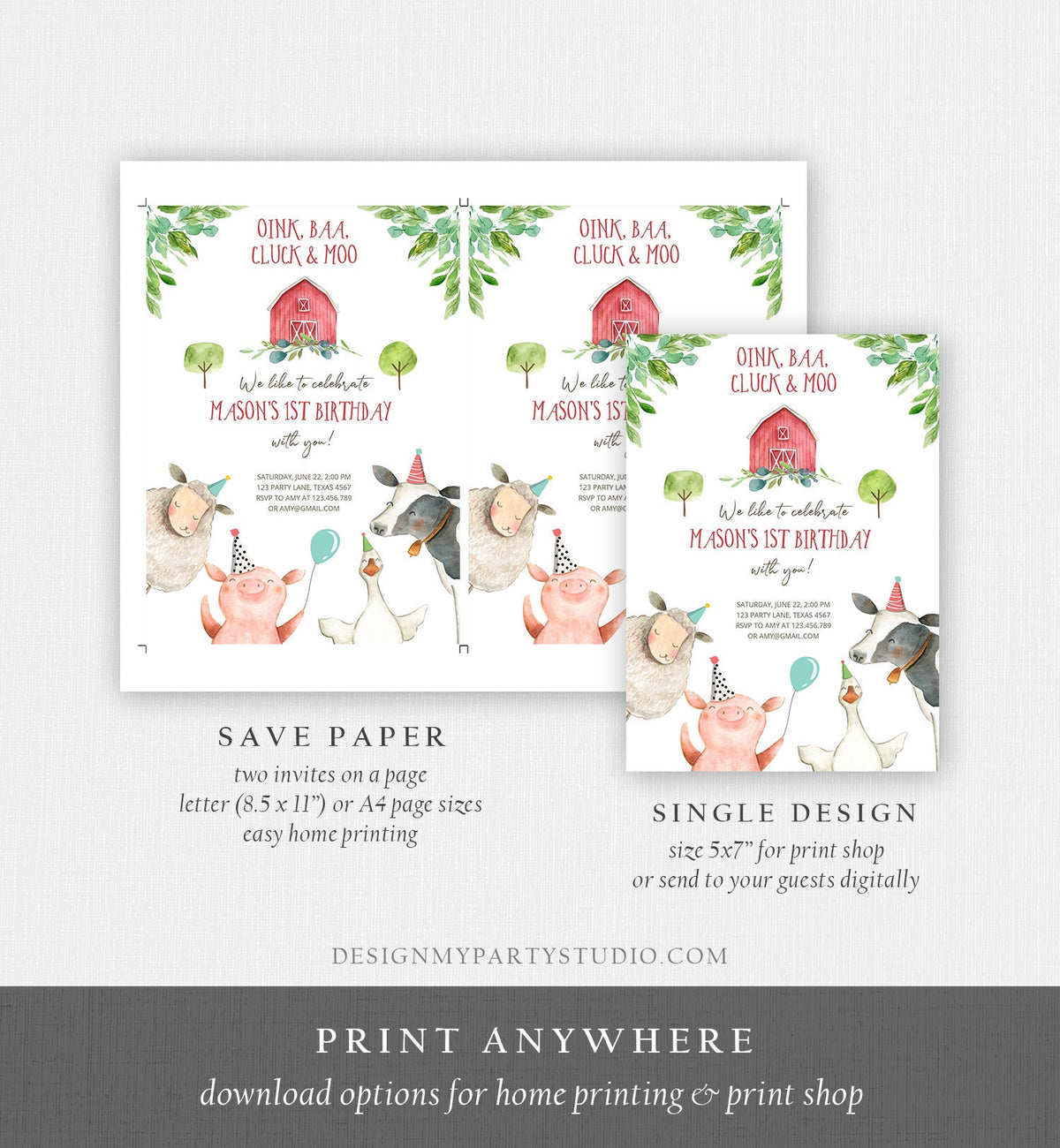 Editable Farm Animals Birthday Invitation Boy Party Animals Red Barn Barnyard Party Evite Digital Download Evite Template Printable 0155