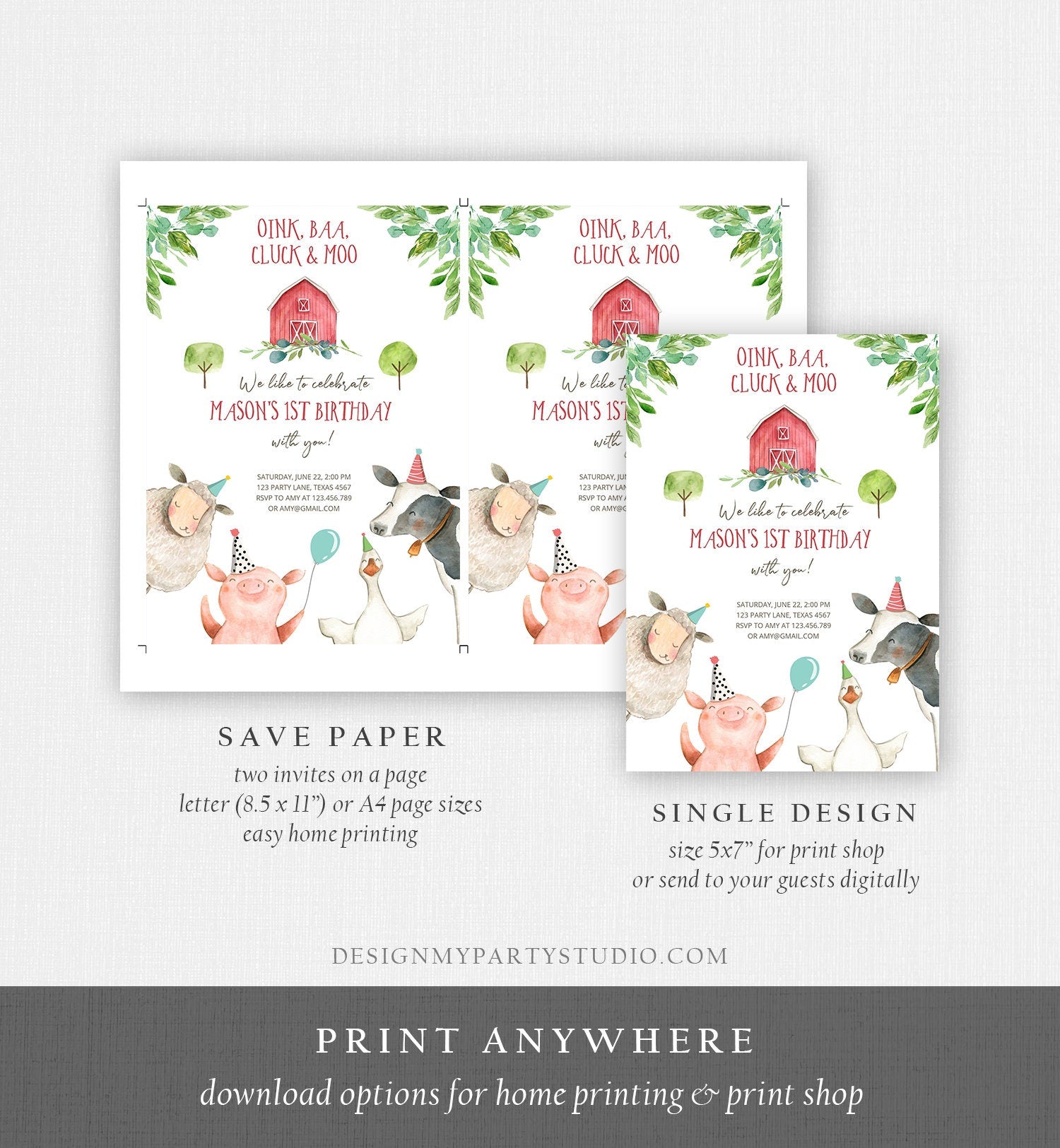 Editable Farm Animals Birthday Invitation Boy Party Animals Red Barn Barnyard Party Evite Digital Download Evite Template Printable 0155