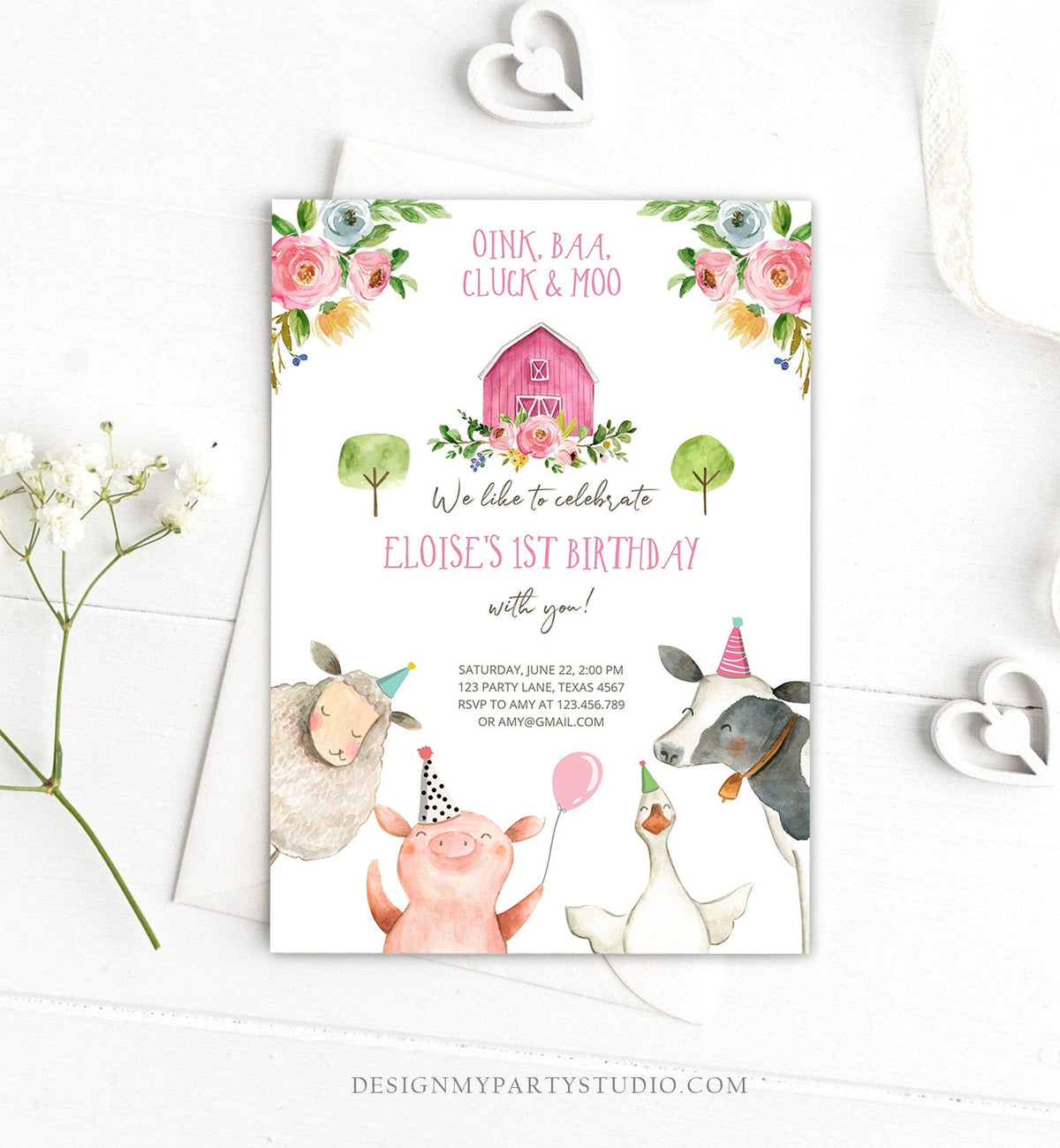 Editable Farm Animals Birthday Invitation Girl Party Animals Pink Floral Barnyard Party Digital Download Evite Template Printable 0155