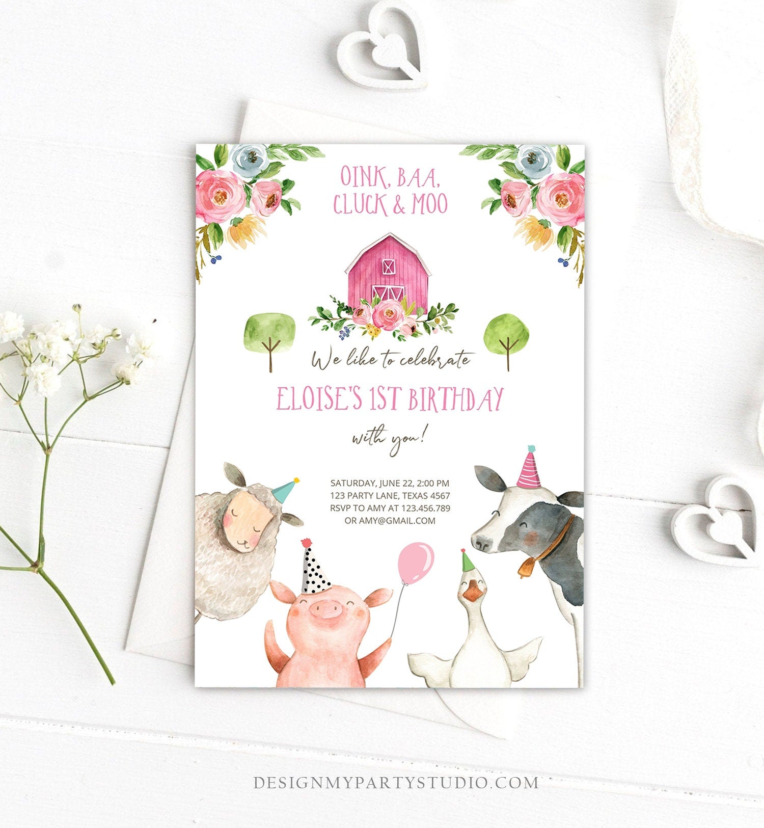 Editable Farm Animals Birthday Invitation Girl Party Animals Pink Floral Barnyard Party Digital Download Evite Template Printable 0155