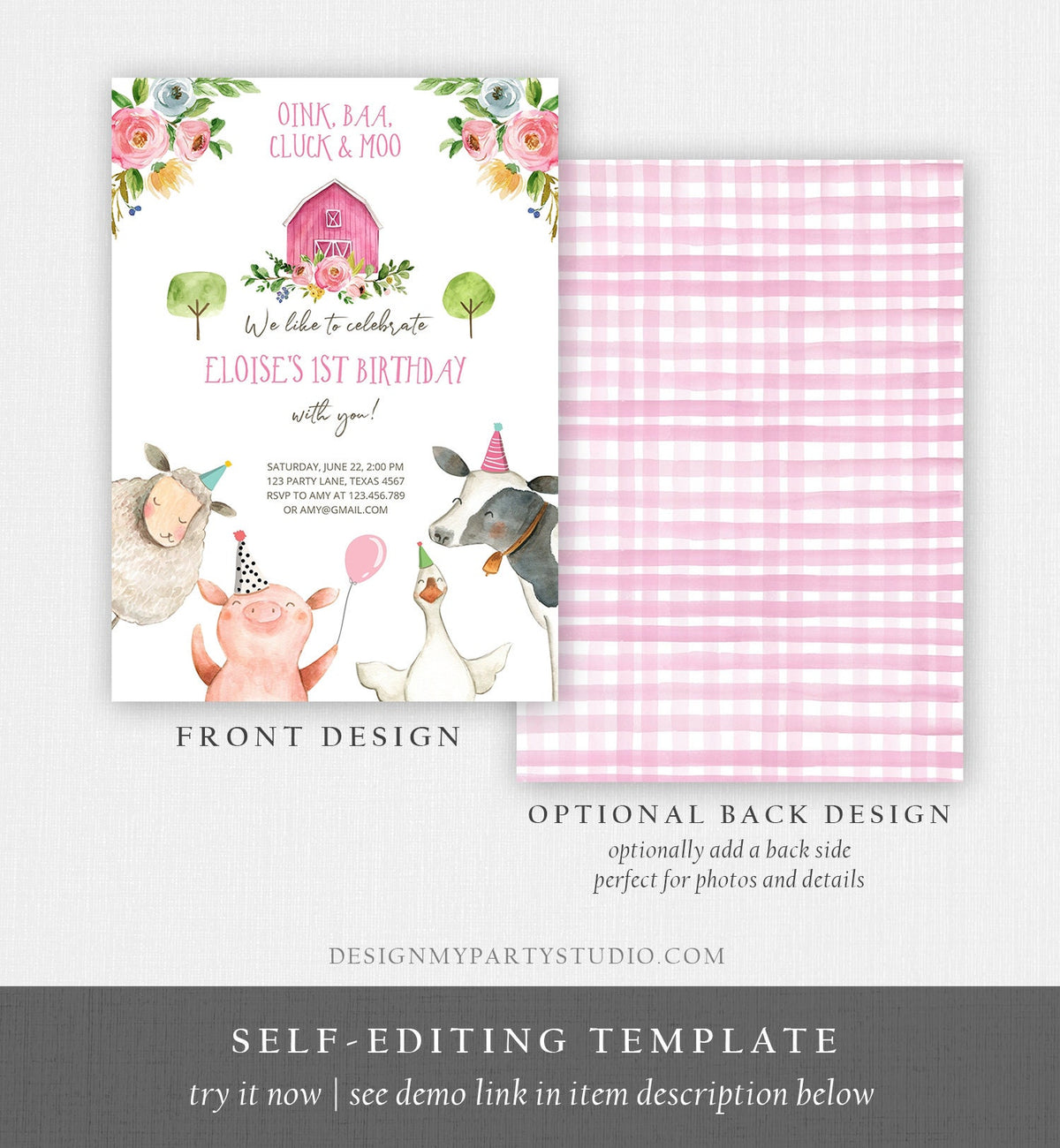 Editable Farm Animals Birthday Invitation Girl Party Animals Pink Floral Barnyard Party Digital Download Evite Template Printable 0155