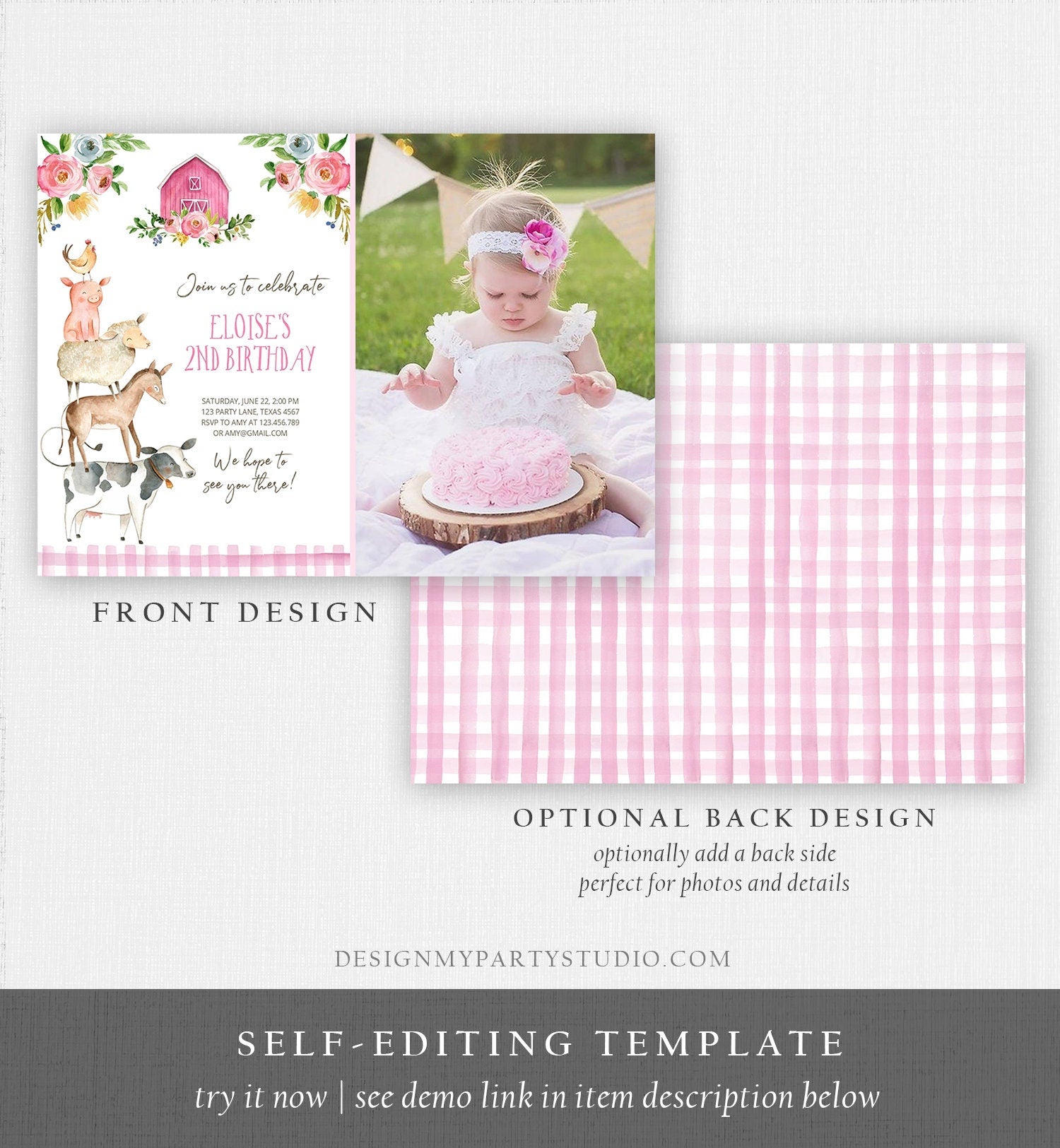 Editable Farm Birthday Invitation Girl Farm Animals Pink Floral Barnyard Party Download Printable Invitation Template Digital Corjl 0155