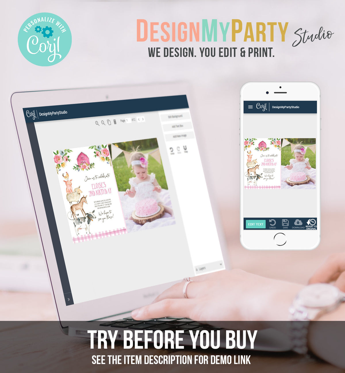 Editable Farm Birthday Invitation Girl Farm Animals Pink Floral Barnyard Party Download Printable Invitation Template Digital Corjl 0155