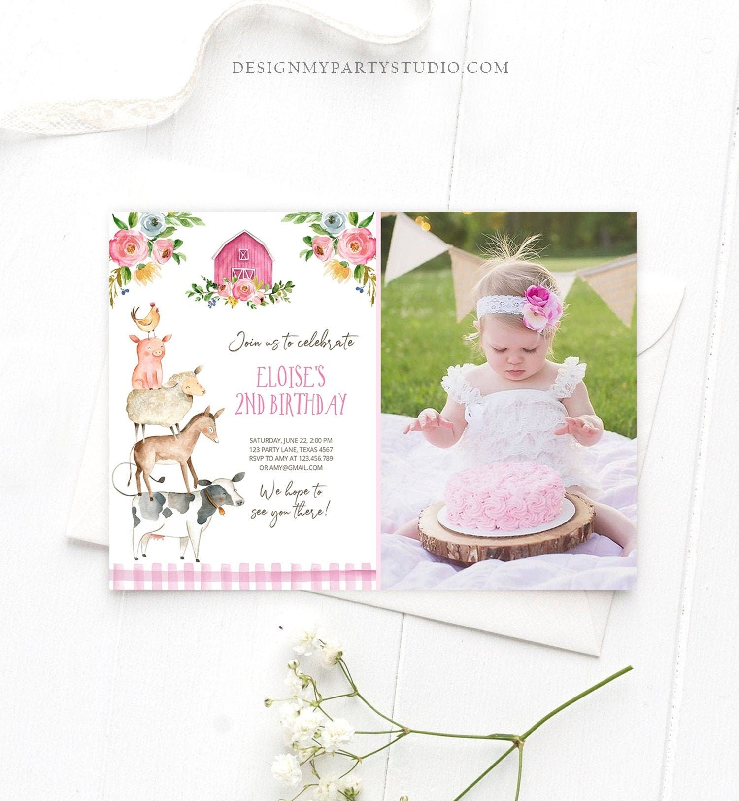 Editable Farm Birthday Invitation Girl Farm Animals Pink Floral Barnyard Party Download Printable Invitation Template Digital Corjl 0155