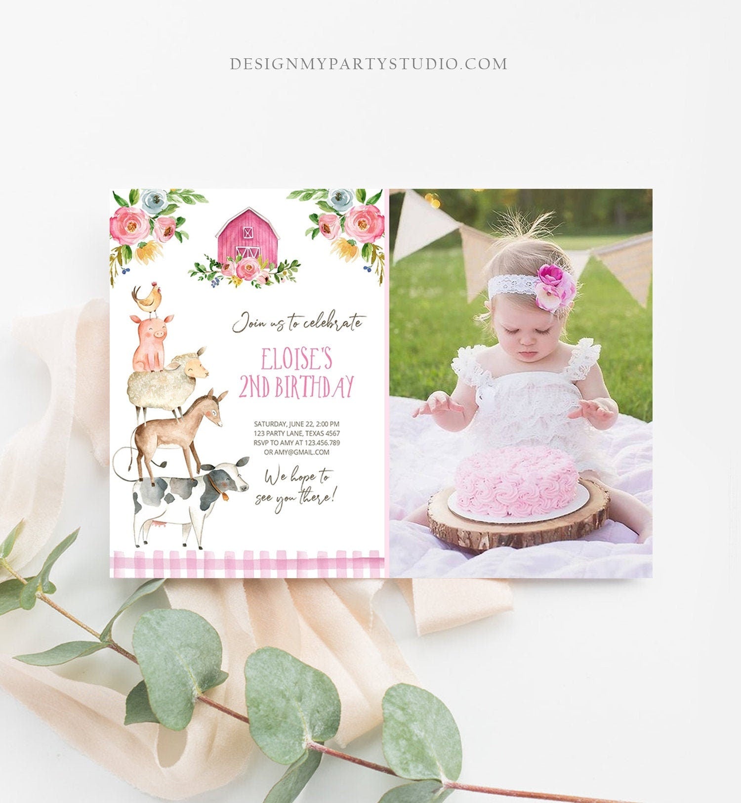 Editable Farm Birthday Invitation Girl Farm Animals Pink Floral Barnyard Party Download Printable Invitation Template Digital Corjl 0155