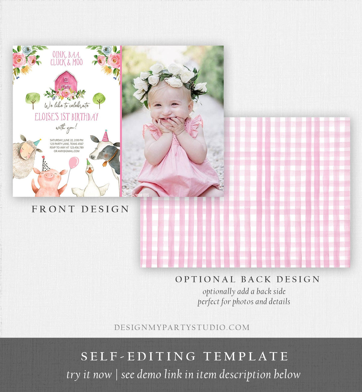 Editable Farm Birthday Invitation Girl Farm Animals Pink Floral Barnyard Party Animals Digital Download Evite Template Printable 0155